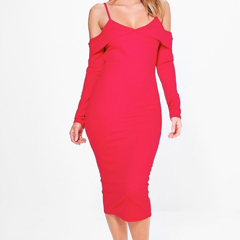 Red off the shoulder Fold Midi Dress from Boohoo